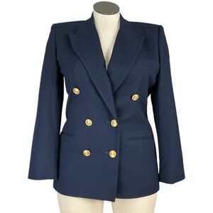 Talbots Wool Blazer Women 12P Navy Double Breasted Crest Buttons Preppy Vintage